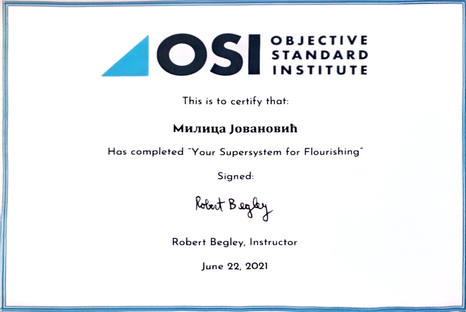 Milica Jovanović's certificate for Your Supersystem for Flourishing at Objective Standard Institute