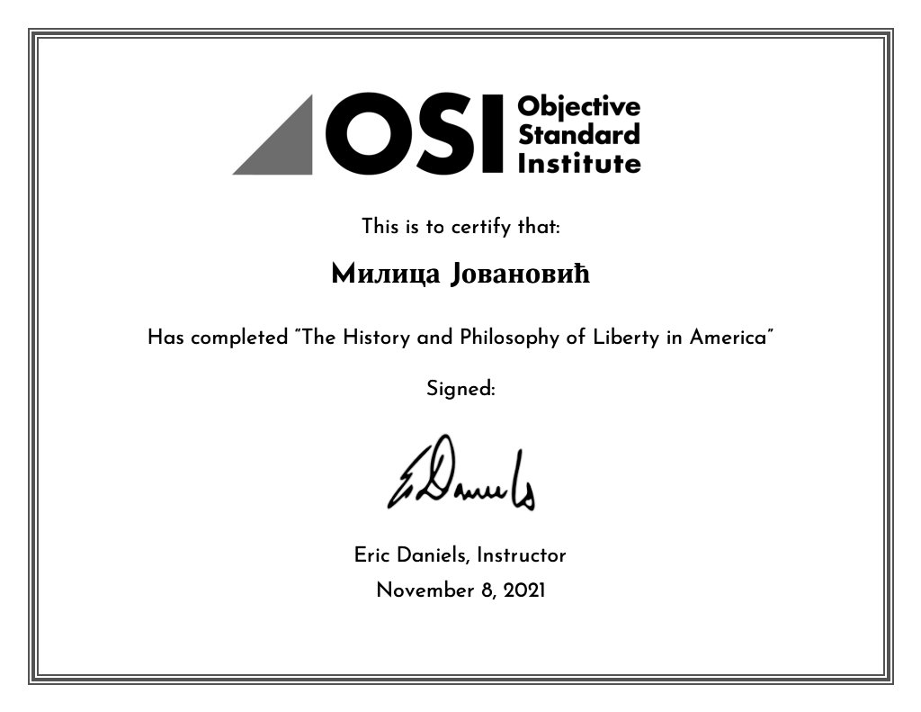 Milica Jovanović's certificate for The History and Philosophy of Liberty in America